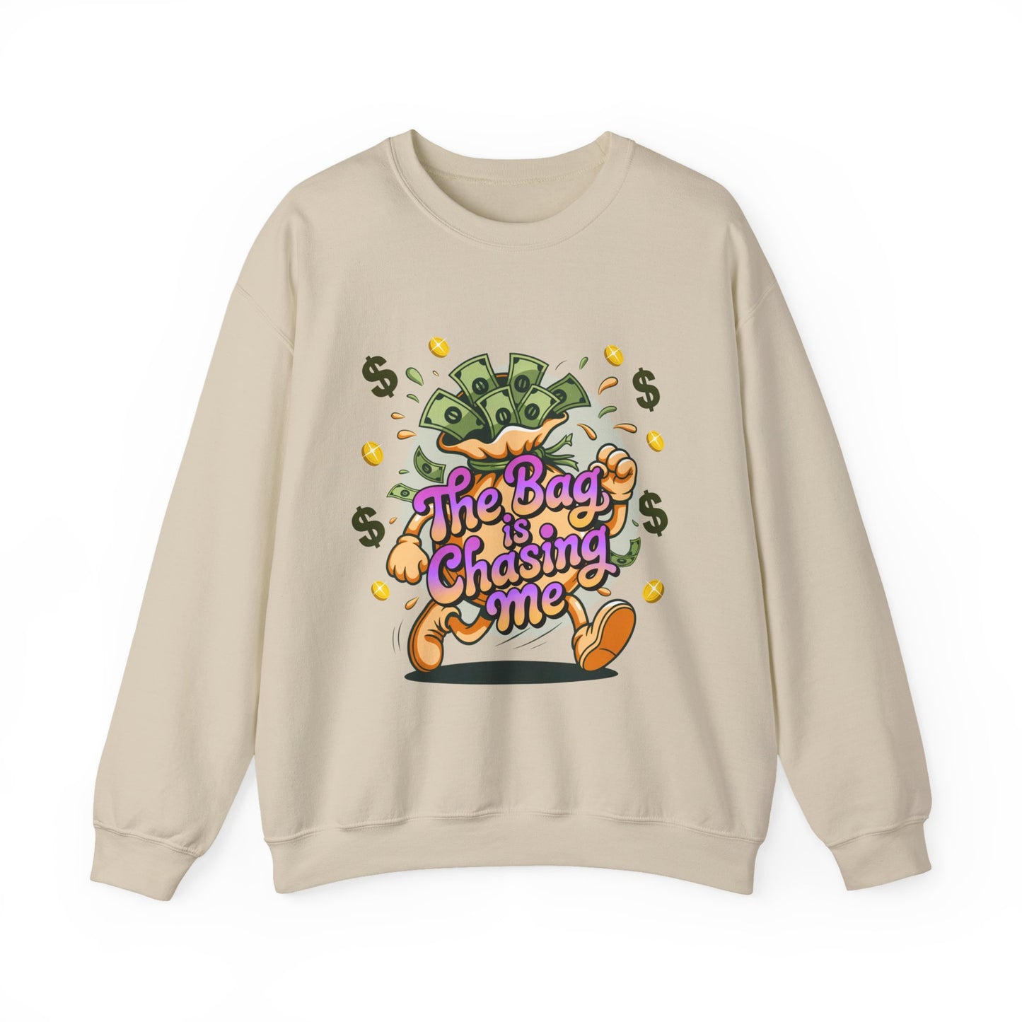 The Bag Is Chasing Me Sweatshirt — Money Bag Running Graphic Crewneck for Entrepreneurs