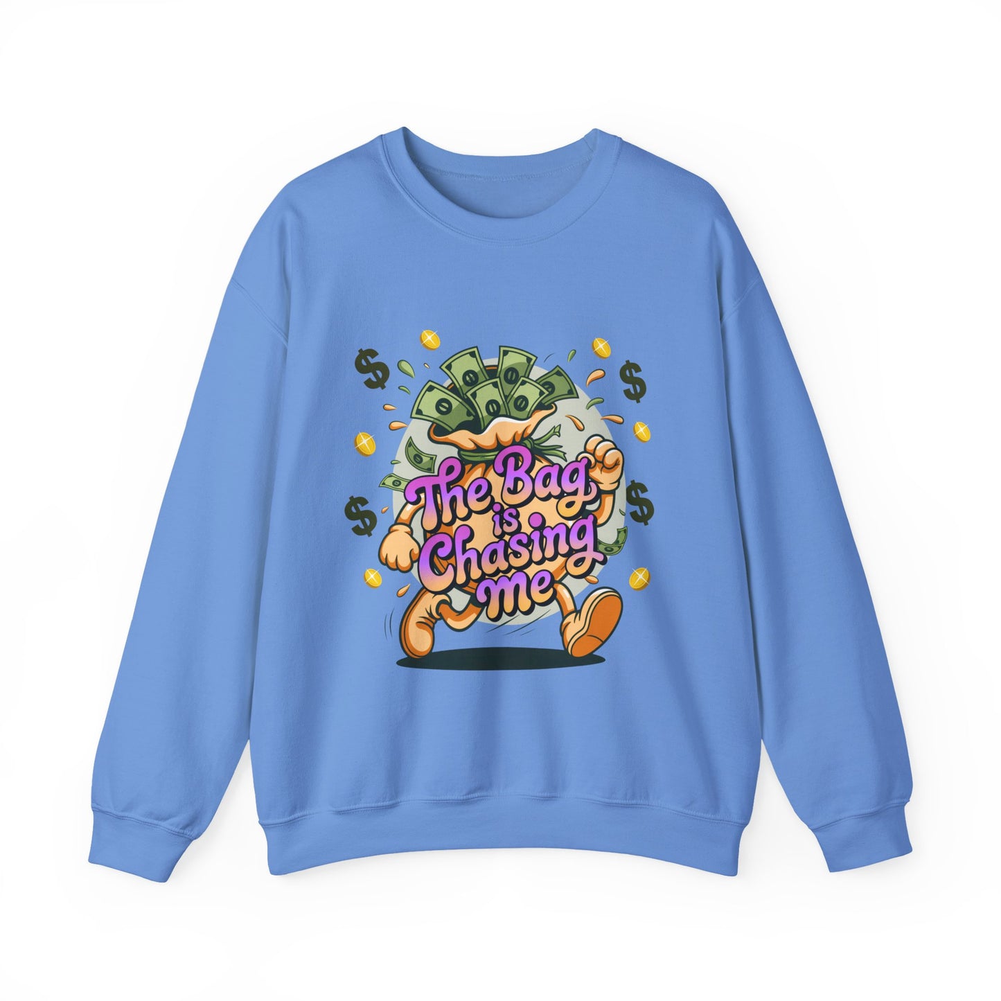 The Bag Is Chasing Me Sweatshirt — Money Bag Running Graphic Crewneck for Entrepreneurs