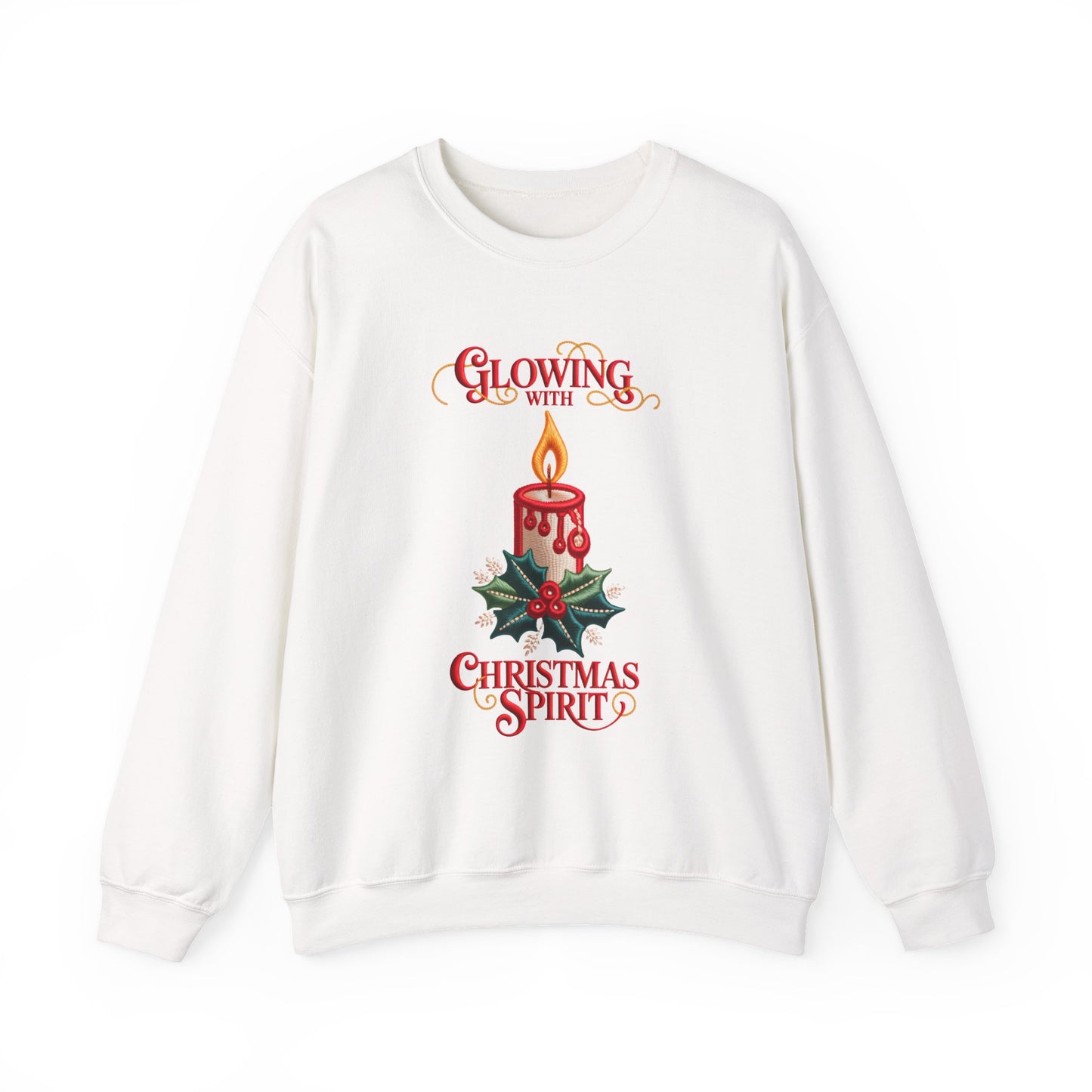 Glowing With Christmas Spirit Candle Sweatshirt — Faux Embroidery Holiday Crewneck