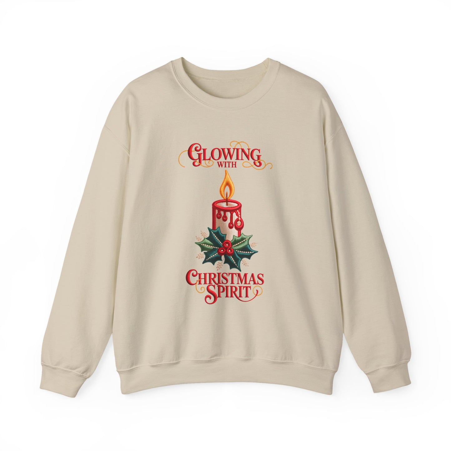 Glowing With Christmas Spirit Candle Sweatshirt — Faux Embroidery Holiday Crewneck