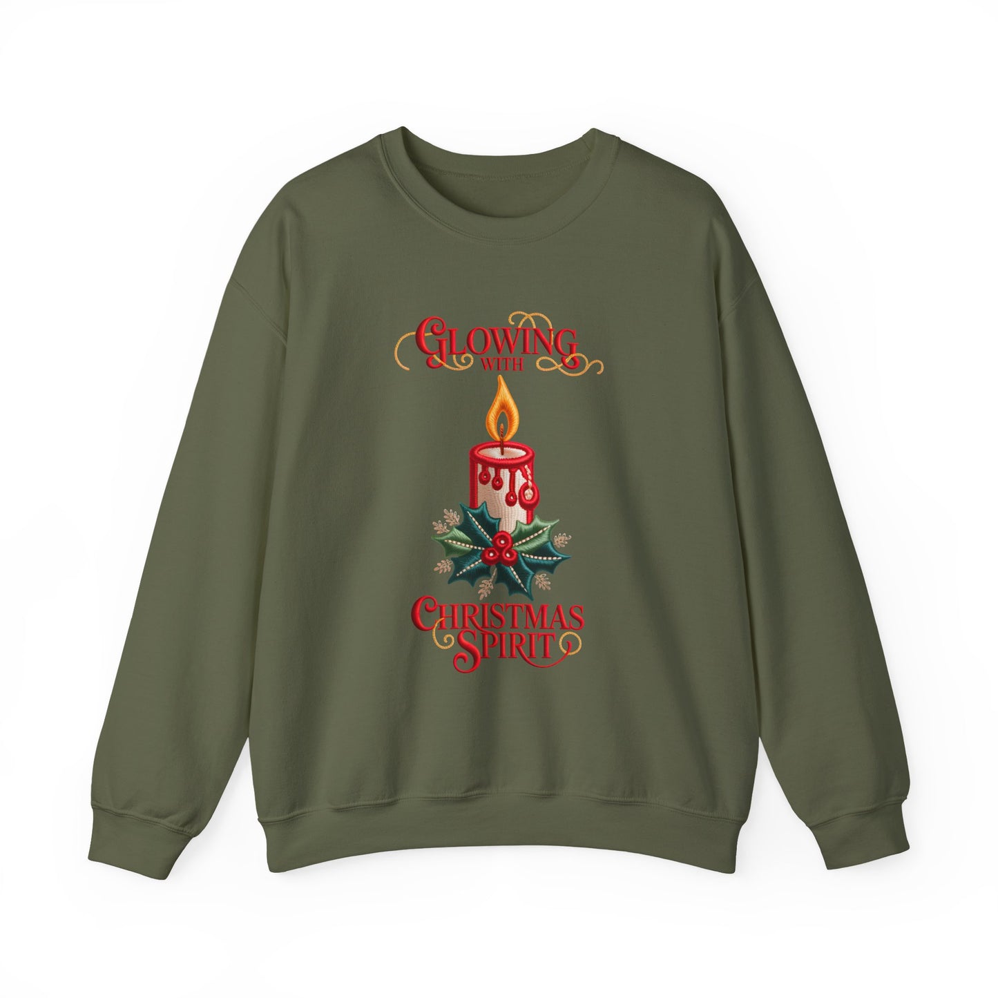 Glowing With Christmas Spirit Candle Sweatshirt — Faux Embroidery Holiday Crewneck
