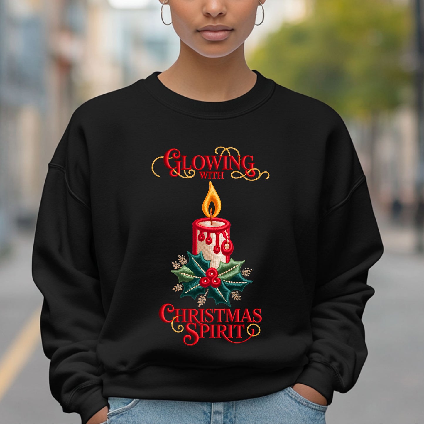 Glowing With Christmas Spirit Candle Sweatshirt — Faux Embroidery Holiday Crewneck
