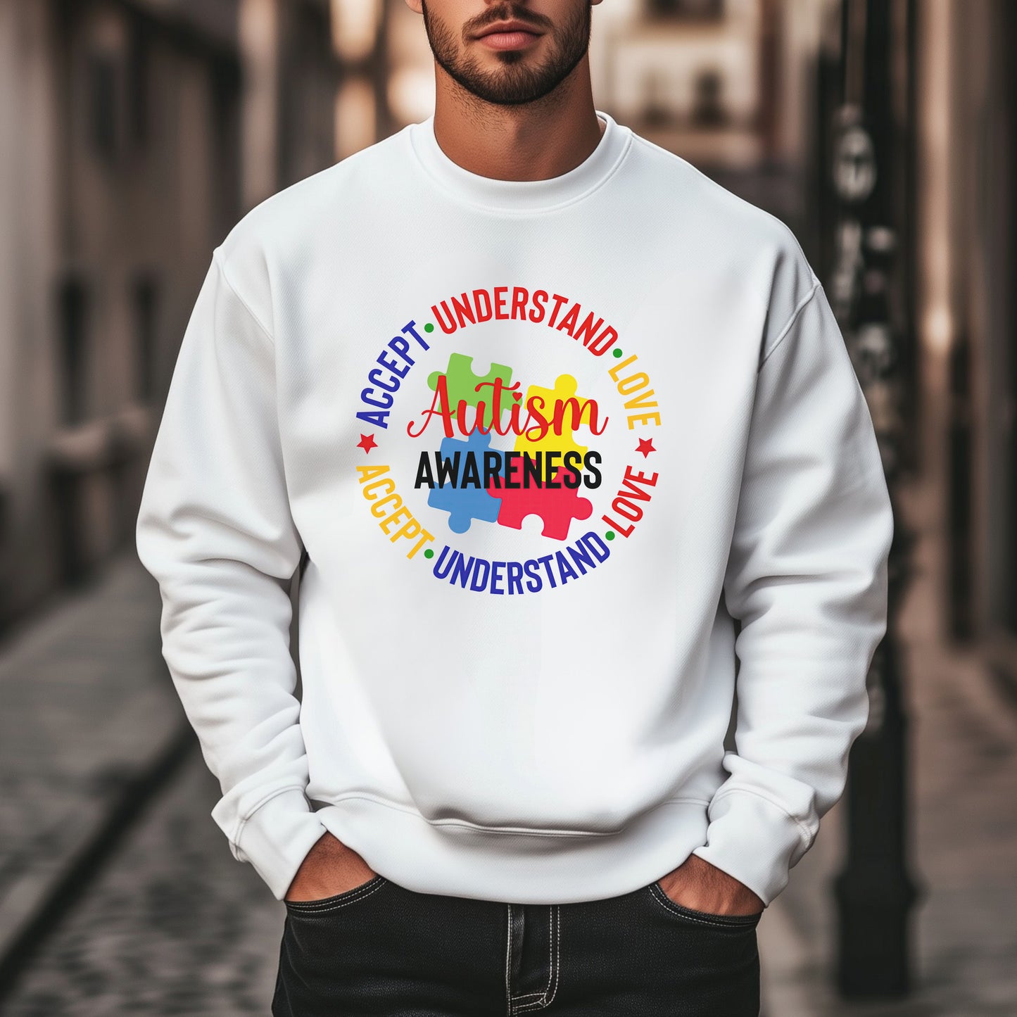 Autism Awareness Crewneck — "Love • Accept • Understand" Puzzle Piece Design