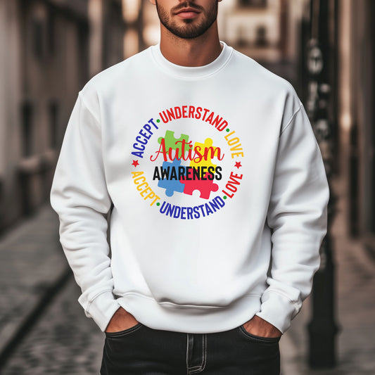 Autism Awareness Crewneck — "Love • Accept • Understand" Puzzle Piece Design