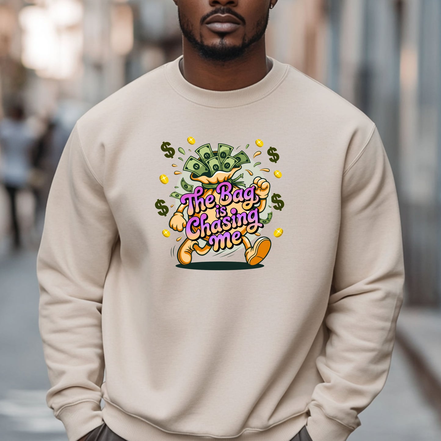The Bag Is Chasing Me Sweatshirt — Money Bag Running Graphic Crewneck for Entrepreneurs