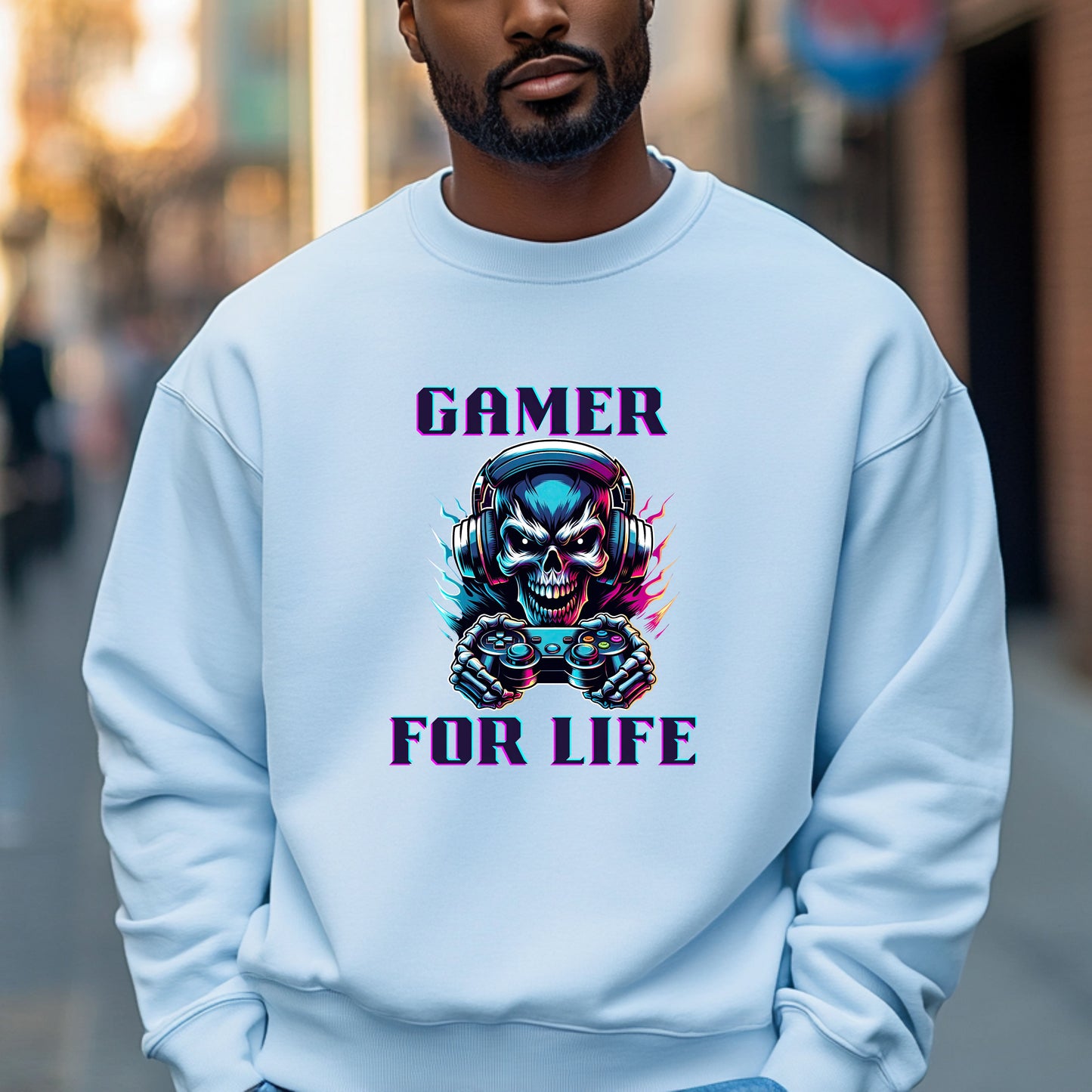 Gamer For Life Sweatshirt — Neon Skull Headset with Controller