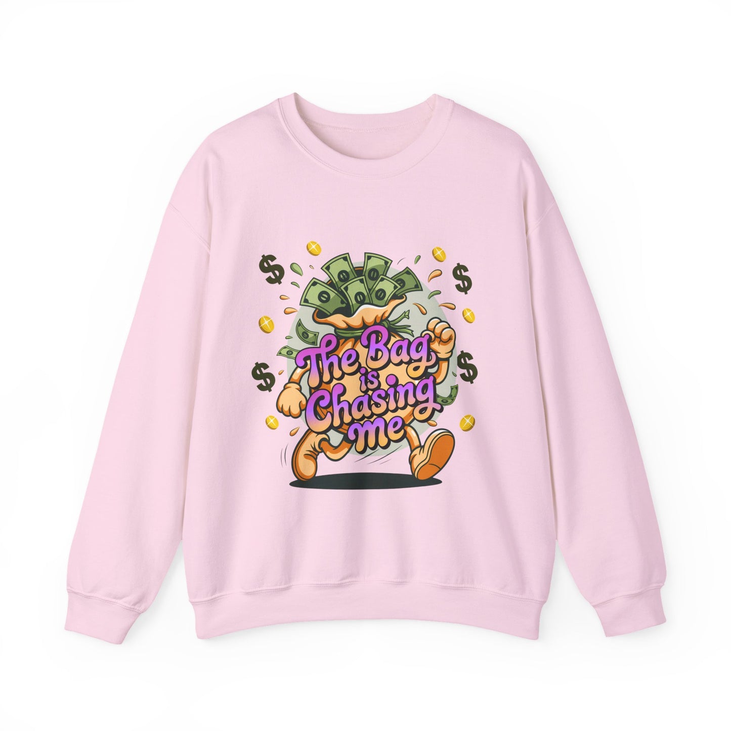 The Bag Is Chasing Me Sweatshirt — Money Bag Running Graphic Crewneck for Entrepreneurs